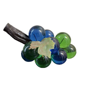 Vintage 1960s 12 Blue And Green Lucite Acrylic Grapes Cluster 8" Wood Handle